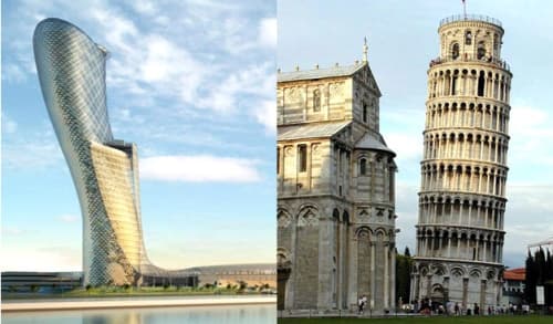 El edificio, de 160 metros de alto y 35 pisos, tiene una inclinación de 18 grados. 