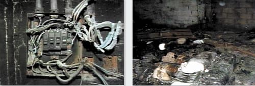 Evidencia. El experto Dave Smith utilizó la metodología y principios reconocidos por la Asociación Internacional de Protección del Fuego y establecidos en el Protocolo para Investigar la Escena del Fuego. Interruptores de energía estaban en posición 'Off' (imagen superior). Se encontraron 'patentes irregulares' en las cajas con papel compactado (imagen inferior).