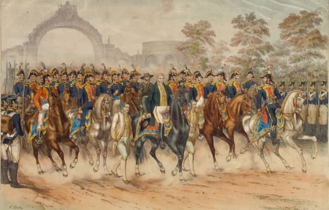 Concepción artística de Ferdinand Bastin sobre la entrada del Ejército Trigarante a México. INTERNET