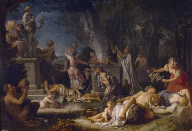 ‘Ofrenda a Baco’ es ‘una escena de carácter pagano, en la que se representa la ofrenda que los bacantes, o seguidores de Baco, hacían a su dios. En el centro un sacerdote ofrece el sacrificio sobre un altar, ante la estatua de la divinidad coronada de hojas de vid. Alrededor, los asistentes a la fiesta beben o se muestran absolutamente ebrios y dormidos merced al efecto del vino.’, según la ficha del Museo del Prado. (FOTOGRAFÍA DEL MUSEO DEL PRADO)