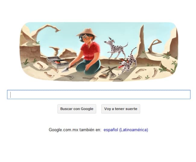 En la página de inicio de Google se puede ver a la antrópologa británica en una escena de excavación arqueológica acompañada por dos dálmatas y en la parte trasera se aprecian las letras de Google con forma de roca.