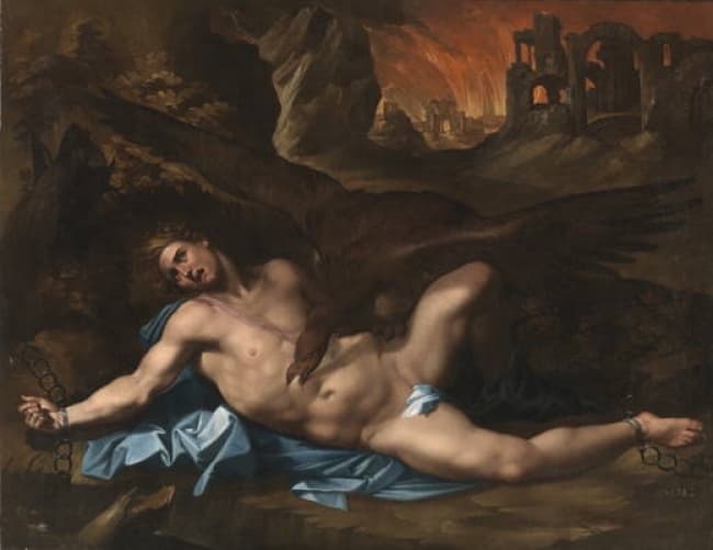 La pintura representa a “Prometeo encadenado, padeciendo eternamente el castigo de Zeus: un águila devorándole las entrañas. También pudiera tratarse del Castigo de Ticio, otro titán que sufriera un castigo semejante, protagonizado por un buitre”. MUSEO DEL PRADO