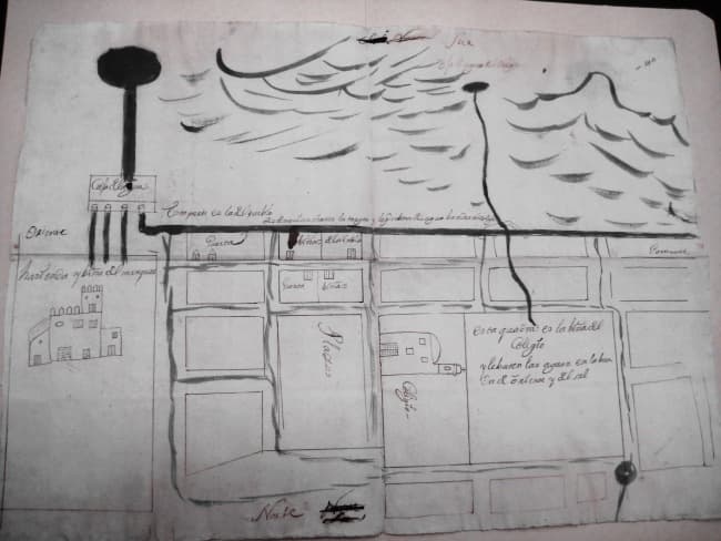 Plano del pueblo de Parras en los primeros años de su existencia. (Archivo General de la Nación). Anotaciones en el mismo de arriba para abajo y de izquierda a derecha: Sur/ Ojo de Agua del Colegio/Caja de Agua/Esta parte es la del pueblo, de aquí 'anchuran' la tarjea y lo que rebasa del agua va a dar al Colegio/Oriente/Hacienda y viña del Marqués/Huerta/Viñas de los Indios/Poniente/ Huerta/ Viñas/ Plaza/Colegio/Esta cuadra es la viña del Colegio y le baten las aguas del Oriente y del Sur/Norte.
