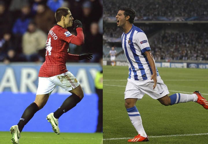 Vela y 'Chicharito' se enfrentan en la Champions League. (Archivo)