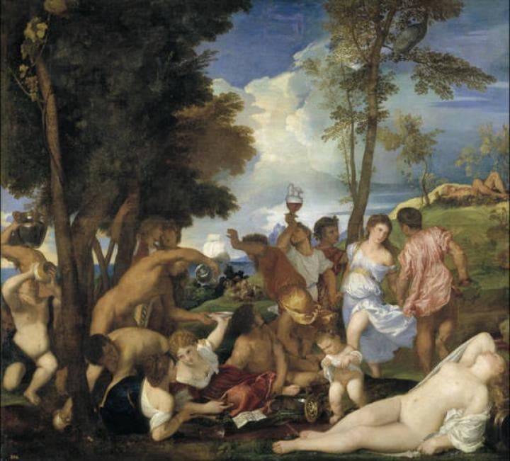 La obra es una “celebración de los efectos del vino en la isla de los Andrios, en la que la bebida manaba de un arroyo por gracia del dios Baco. Una ninfa aparece desnuda en primer término y al fondo sobre el montículo, yace Sileno, asiduo acompañante del dios”. (MUSEO DEL PRADO)