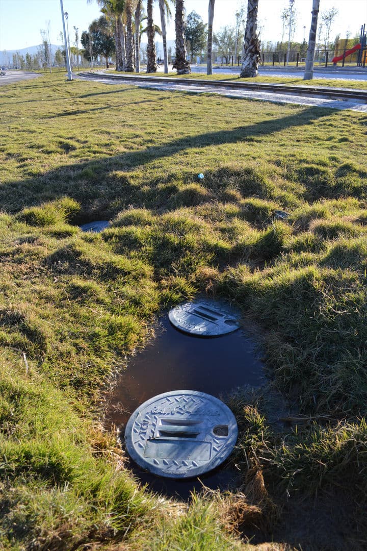 Agua estancada. Algunos registros se observan rebasados en su capacidad, el agua sale por las tapas y se acumula en las áreas verdes por varios días.