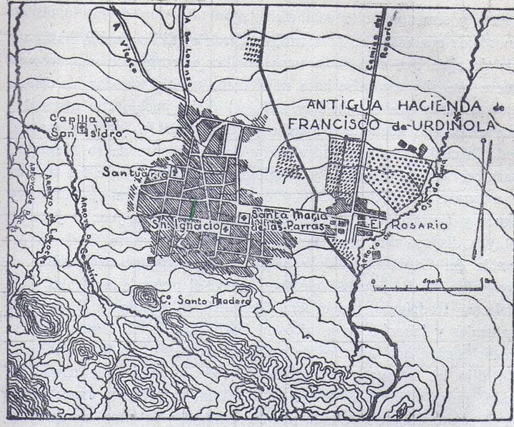 Mapa de Parras, en la que se incluye la Hacienda del Rosario, que por siglos fue propiedad de los marqueses de San Miguel de Aguayo. (Vito Alessio R. Coahuila y Texas en la Época Colonial. Editorial Cultura. 1938.