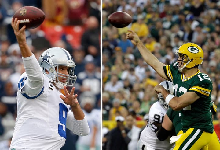 Tony Romo (i), de los Vaqueros de Dallas, tratará de meterse a la final de la Conferencia Nacional cuando hoy se enfrente a Aaron Rodgers, mariscal de campo de Empacadores de Green Bay. (AP)