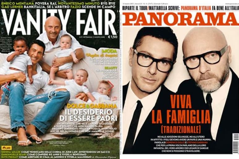 Cambian opinión. Hace diez años, los diseñadores italianos dijeron a la edición de Vanity Fair que deseaban formar una familia, este año criticaron en una entrevista para la revista Panorama a los homosexuales que adeptan o tienen hijos in vitro.