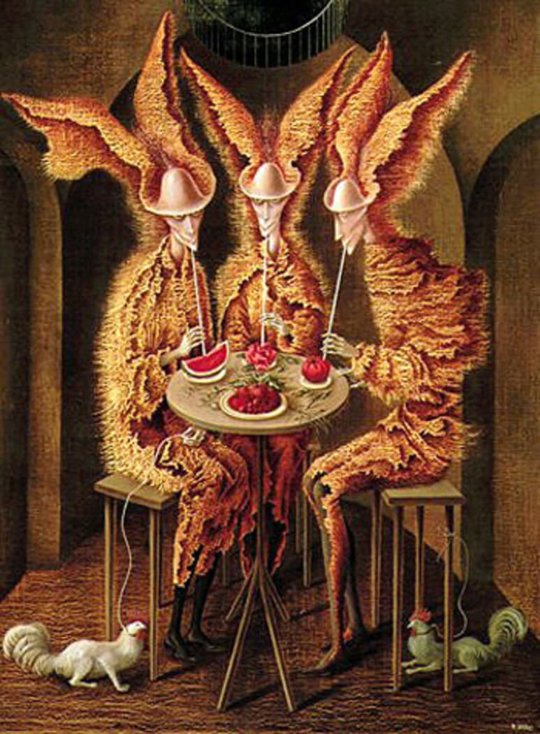 La pieza con medidas de 85.7 por 60.3 centímetros, representa una escena humorística y macabra de tres vampiros alimentándose de frutas rojas. (TOMADA DE INTERNET)
