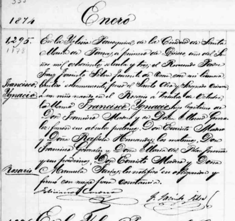 Constancia de Bautismo de don Francisco. 1 de enero de 1874.