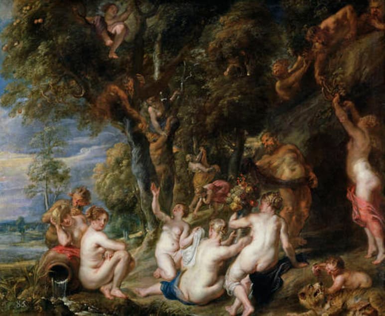 El tema de ninfas y sátiros representa la exaltación del deseo como motor de la vida. La cornucopia repleta de frutos y el agua simbolizan la abundancia y la prosperidad de la naturaleza. (MUSEO DEL PRADO)