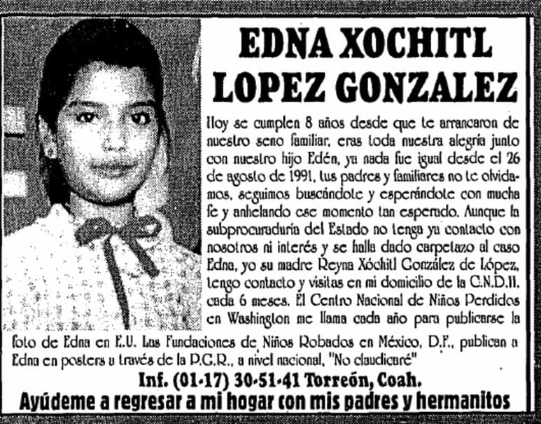 Búsqueda. Durante mucho tiempo sus padres publicaban la foto de la niña para localizarla.