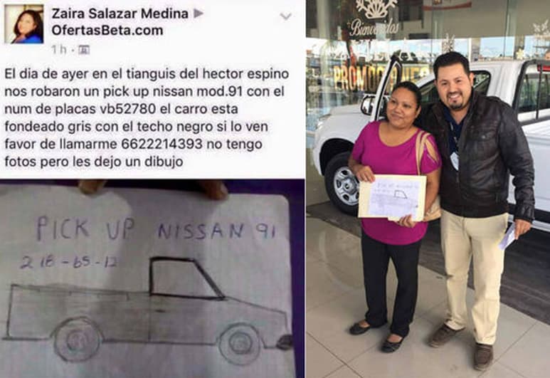 Sorpresa. Dibujo que publicó en redes; el premio: una camioneta regalada a la señora.