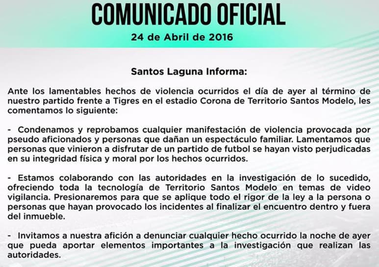Autoridades reportaron la detención de 22 sujetos involucrados en la trifulca. (CLUB SANTOS LAGUNA)