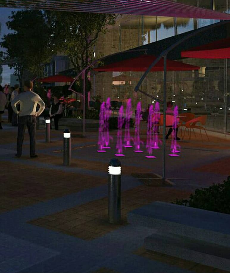 Mobiliario ornamental. El Paseo Morelos tendrá de Degollado a Zaragoza, 30 fuentes de piso cubiertas con rejillas y chorros de agua permanentes con movimiento. De noche se verán así. (CORTESÍA)
