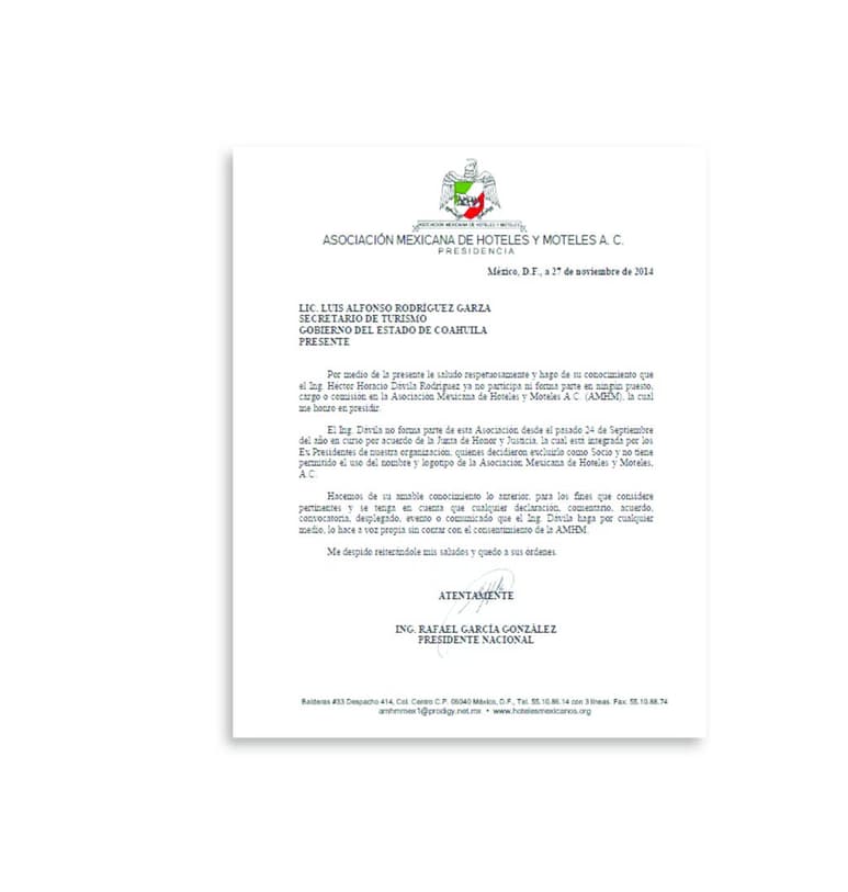 Hoteles. La Asociación Mexicana de Hoteles y Moteles mandó una carta a El Siglo de Torreón para desconocer a su presidente.