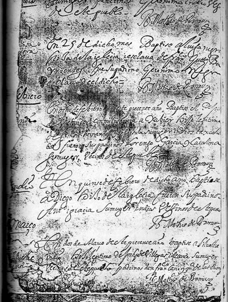 Primeras constancias signadas por el br. Matheo de Barraza en Parras. Enero de 1641.