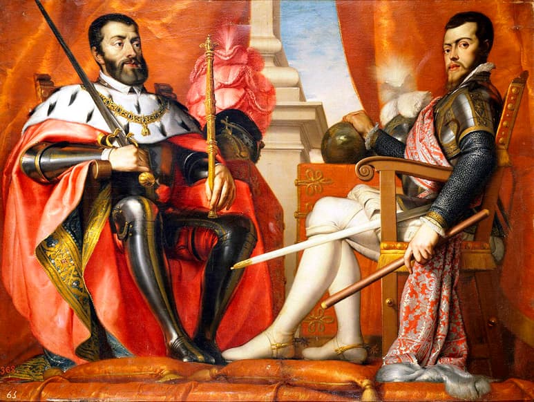 El nacimiento y auge del Imperio Español va de la mano junto con nacimiento de la Nueva España tal como la conocemos, tras la caída de la hegemonía de los tenochcas en el Valle del Anáhuac en 1521, instaurándose formalmente como tal parte del reino ya en 1535. Carlos I de España e Indias (Carlos V) y su hijo Felipe II.
