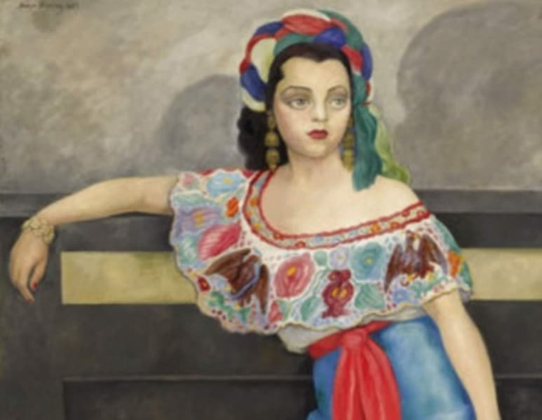 La obra muestra a la artista de pie, reclinada contra lo que parece una chimenea, en un resplandeciente vestido cubierto de simbolismos mexicanos como banderas, escudos de armas y joyas. (ESPECIAL)