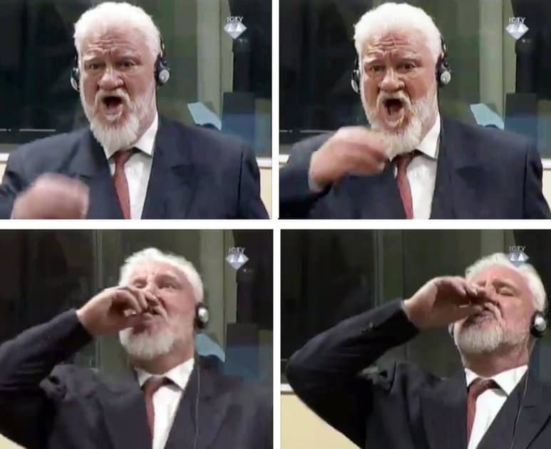 Suicida. Varias capturas de un video facilitado por el Tribunal Penal Internacional para la antigua Yugoslavia (TPIY) que muestra al bosniocroata Slobodan Praljak mientras ingiere una sustancia desconocida en la sala de la corte en La Haya, Holanda, durante la sesión del juicio de apelación contra su condena por crímenes de guerra. (EFE)