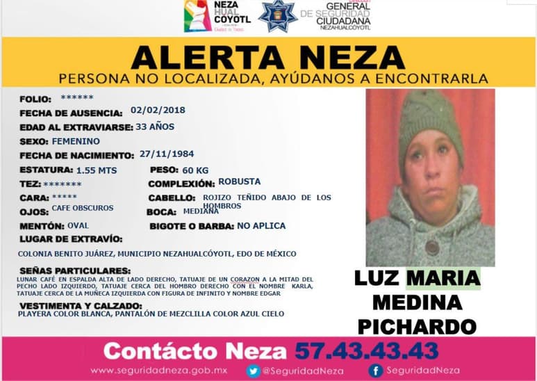 La Fiscalía General de Justicia del Estado de México emitió un 'boletín de urgencia' para la localización de Luz María Medina Pichardo, tía de la niña de 'las calcetitas rojas', quien aportó datos para la localización de los presuntos homicidas de la pequeña. (TWITTER)