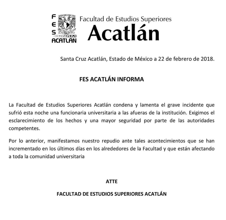 La institución condenó y lamentó en un comunicado “el incidente que sufrió una funcionaria universitaria a las afueras de la institución”. (TWITTER)