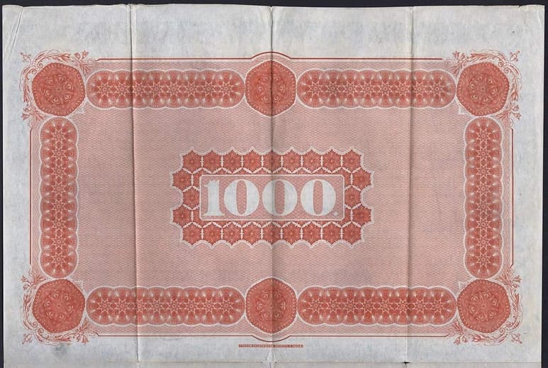 Bonos con la leyenda bilingüe: 'Los Estados Unidos de México y los Estados de Tamaulipas y San Luis Potosí / The United States of Mexico and the States of Tamaulipas and San Luis Potosi, 1000 Pesos/1000 Dollars Bond. Dated Mexico, July 4, 1865, No. 3169, for 1000 Pesos or 1000 Dollars'.
