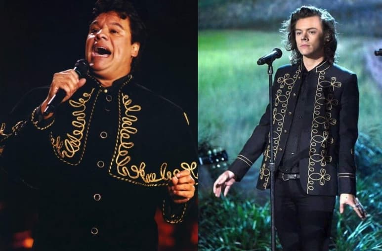 Una serie de fotografías, muestra la comparativa de los diseños usados en las presentaciones de Juan Gabriel y Harry Styles. (ESPECIAL)