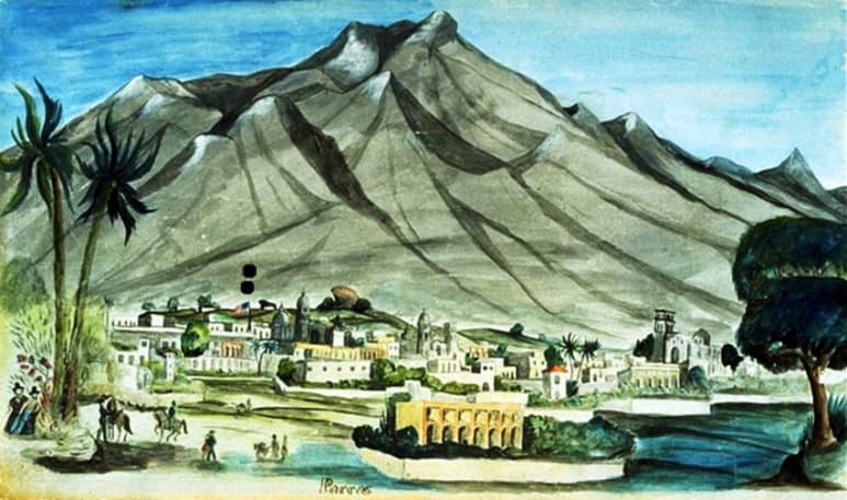 Panorámica de Parras. Creación “memorizada” de Samuel Chamberlain. Al centro, el edificio de la “Casa de los Estados Unidos” (Marcada con dos puntos).