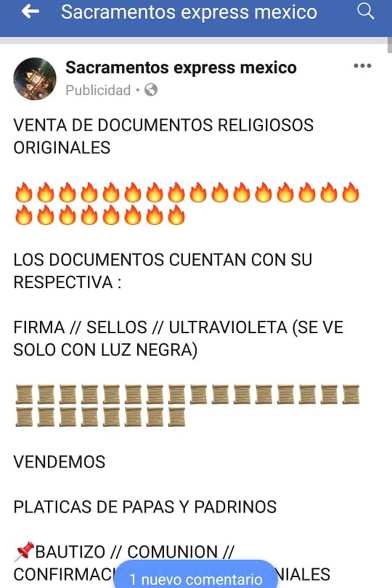 Fraude. En redes sociales ofertan documentos religiosos para solicitar algún sacramento. (EL SIGLO DE TORREÓN)