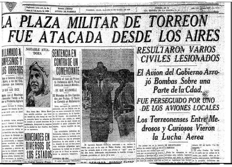 Primera página de El Siglo de Torreón del 16 de marzo de 1929. En una fotografía, se alcanza a apreciar la pequeña bomba que sostiene el ingeniero Rosendo González y que fue arrojada a una vivienda.