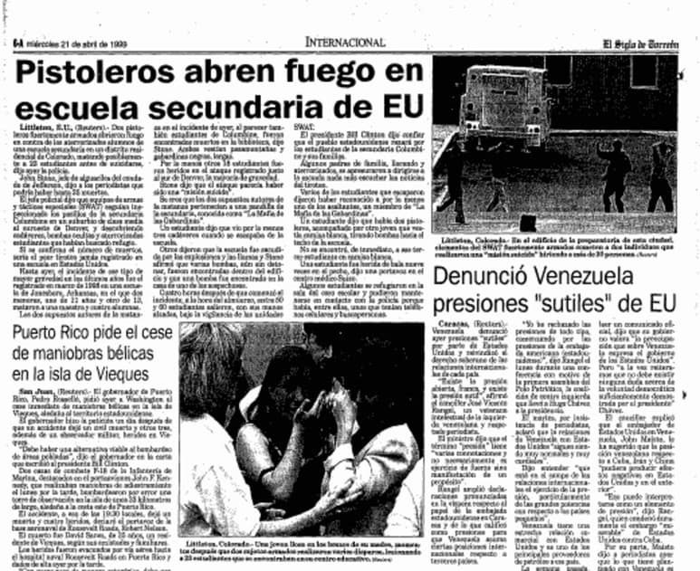 Un sinnúmero de notas fueron publicadas que informaron sobre la masacre registrada en una escuela secundaria de EUA.