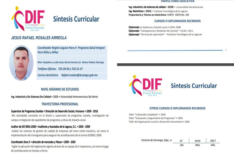 Esta es la síntesis curricular del empleado municipal de Torreón que está en el portal de Durango. (CORTESÍA)