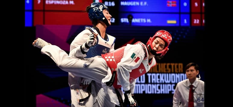María del Rosario Espinoza buscaba su segunda medalla de oro en campeonatos mundiales, pero fue superada 22-2 por la surcoreana Lee Da-Bin, en la competencia celebrada en Manchester, Inglaterra. (CORTESÍA)