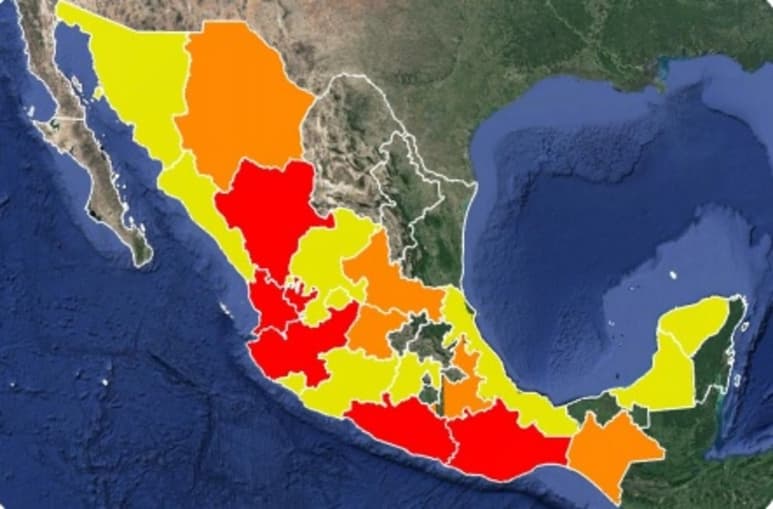 En rojo aparecen las 5 entidades con mayor superficie afectada, en naranja aparecen las 5 entidades que siguen en daños y en amarillo las de mediana afectación. (EL SIGLO DE TORREÓN)