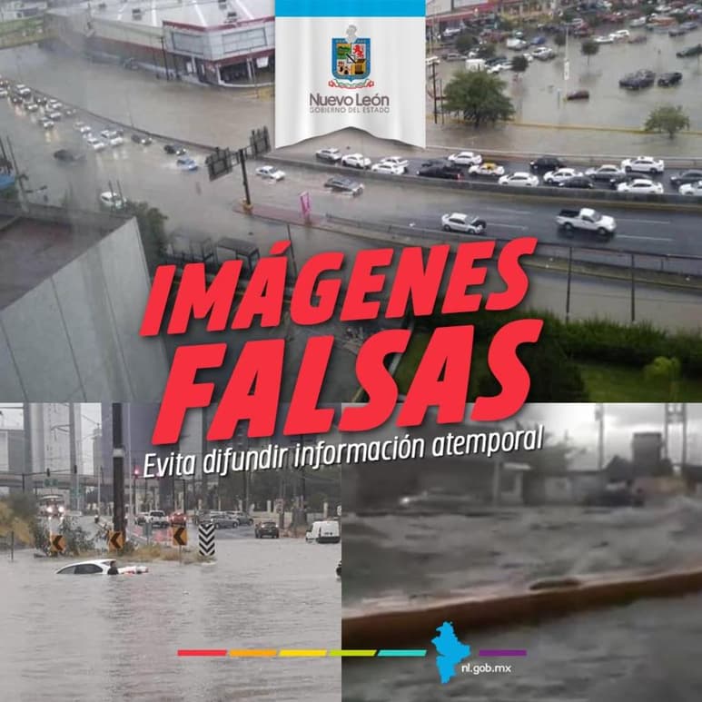 El gobierno del estado de Nuevo León emitió un comunicado para alertar sobre imágenes falsas de las lluvias en Monterrey.