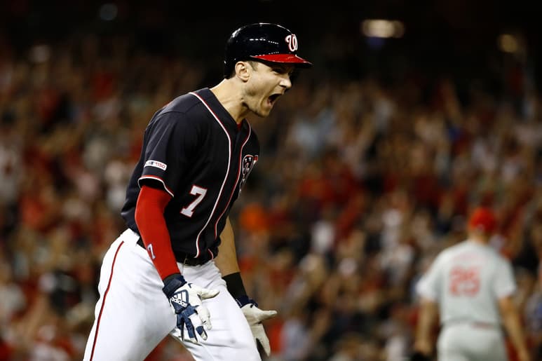Celebra Trea Turner tras conectar un grand slam. (AP)