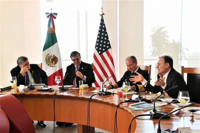 Reunión que los secretarios de Relaciones Exteriores, Marcelo Ebrard; Seguridad, Alfonso Durazo y Marina, José Rafael Ojeda, sostuvieron con el fiscal general de Estados Unidos, William Barr y el embajador de EUA en México, Christopher Landau. (ESPECIAL)