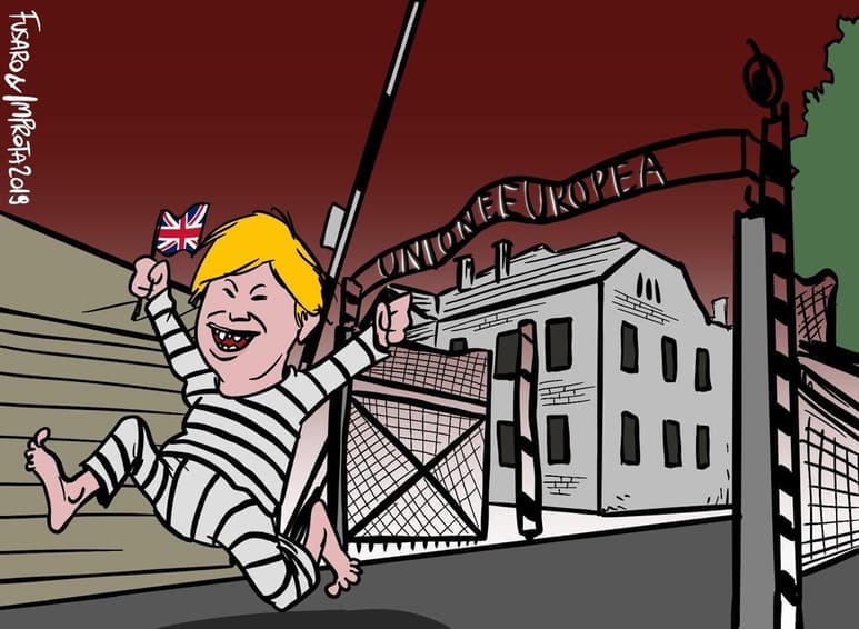 Un caricaturista italiano ha provocado controversia al representar a la Unión Europea como el campo de exterminio nazi de Auschwitz y al primer ministro británico Boris Johnson como un prisionero que escapa. (TWITTER)