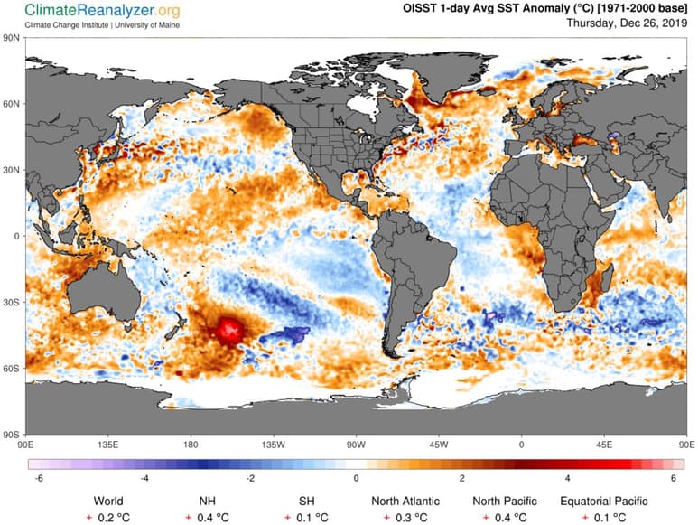 Una 'mancha' de agua caliente en costas de Nueva Zelanda ha atraído la atención de expertos y aficionados al clima, al identificarse como uno de los puntos más calientes en el mar por ahora. (CLIMATE REANALYZER)