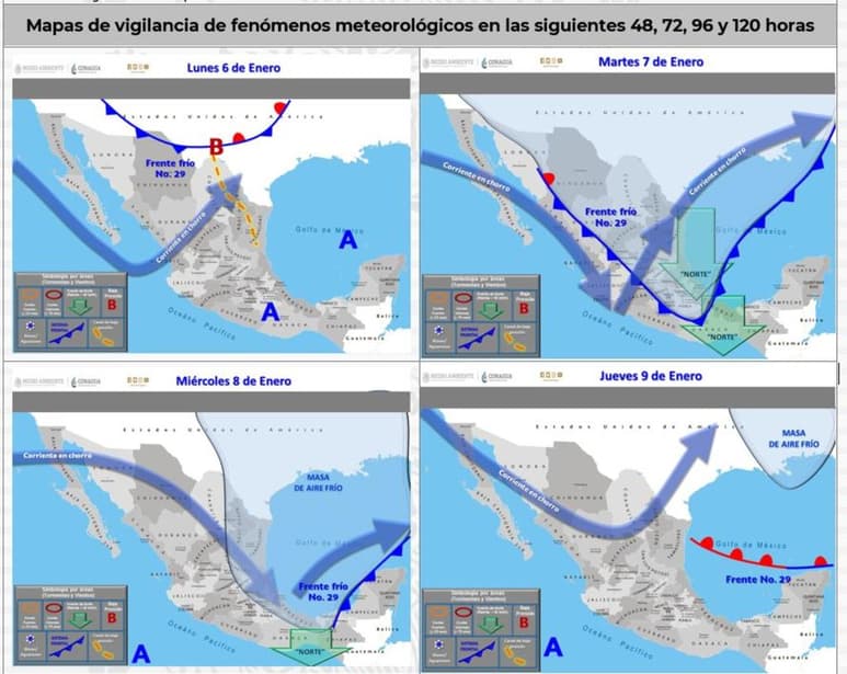 La masa de aire frío, asociada al frente frío 26, modificará sus características térmicas permitiendo un gradual ascenso de las temperaturas vespertinas sobre gran parte del territorio nacional. (TWITTER)