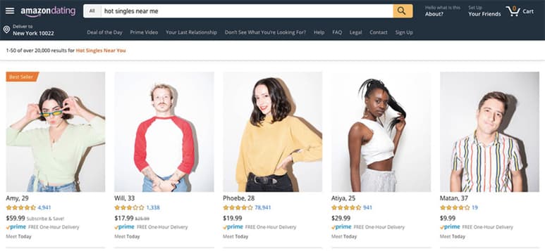 Amazon Dating, al más puro estilo de Amazon Prime, ofrece a los clientes pedir una cita romántica y ver llegar a su 'amor' con entrega rápida. (ESPECIAL)