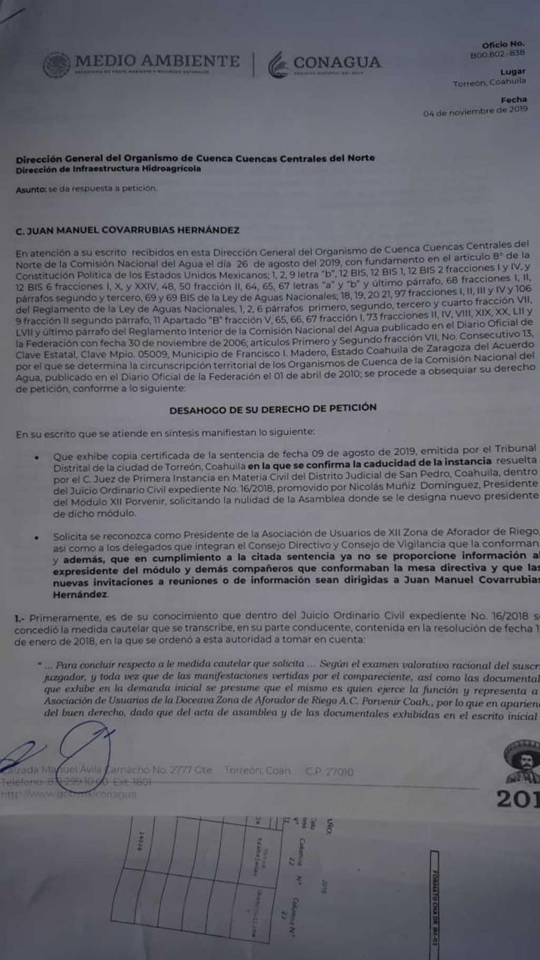La Conagua reconoce como presidente del Módulo de Riego 12 a Juan Manuel Covarrubias. (EL SIGLO DE TORREÓN)