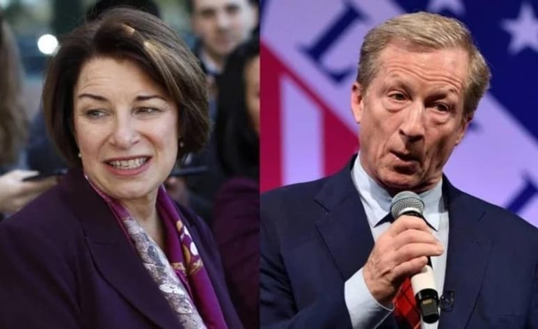 Los precandidatos presidenciales demócratas Amy Klobuchar y Tom Steyer. (ESPECIAL)