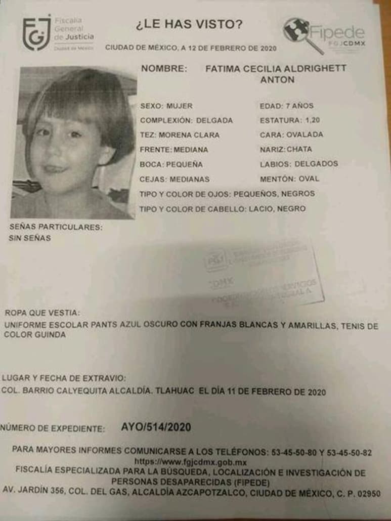 Familiares de la niña Fátima, identificaron el cuerpo de la niña, quien fue encontrada en bolsas de basura desnuda y torturada en la colonia Los Reyes, en las inmediaciones de la alcaldía Tláhuac. (ESPECIAL)