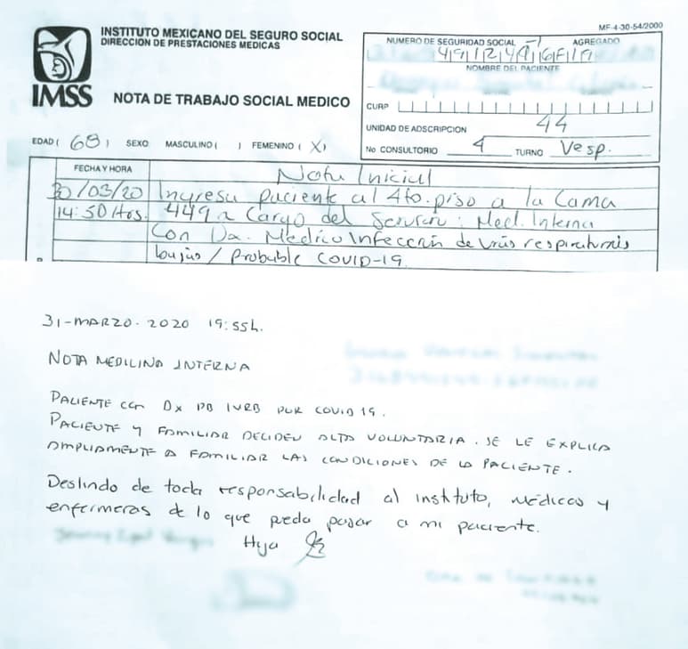 A este medio de comunicación llegó un documento del IMSS en el cual se expone que el paciente era sospechoso a COVID-19. (EL SIGLO DE TORREÓN)