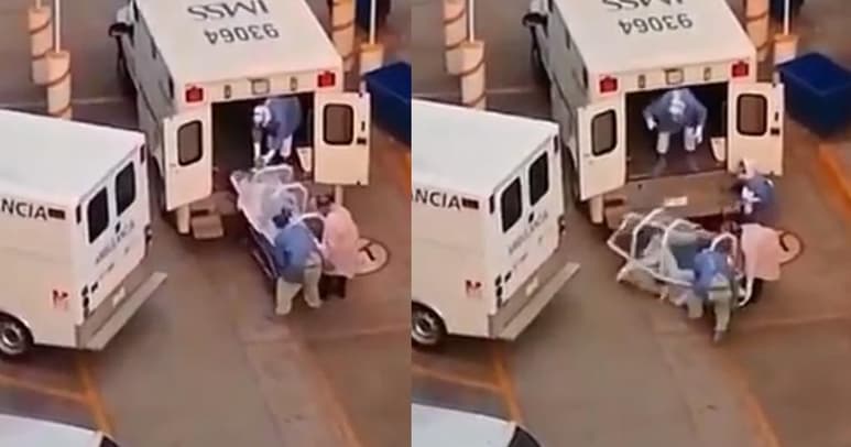 El video que muestra al paciente caer accidentalmente de la ambulancia, se difundió a través de redes sociales (CAPTURA)
