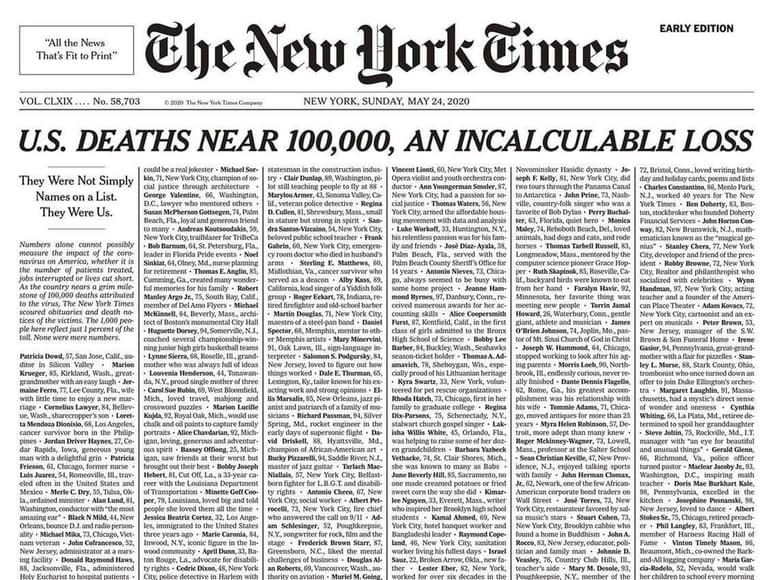 La impactante imagen de la primera página, muy compartida en redes sociales, es una larga lista a seis columnas que pone nombre, edad e historia vital a las crudas cifras de la tragedia. (ESPECIAL)