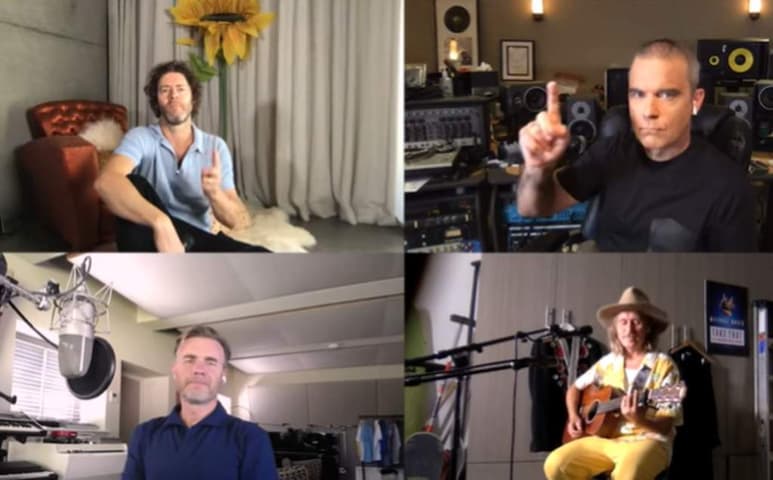 Con temas como Back for good, Pray, Progress, la agrupación Take That, conformada por Gary Balow, Mark Owen y Howard Donald, además del cantante Robbie Williams, exintegrante, dieron un concierto virtual, en el que realizaron un recorrido por sus inicios en conjunto en la década de 1990. (ESPECIAL) 